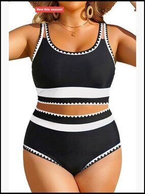 Plus Size High Waisted Two Piece Swimsuit Tummy Control Bikini Set